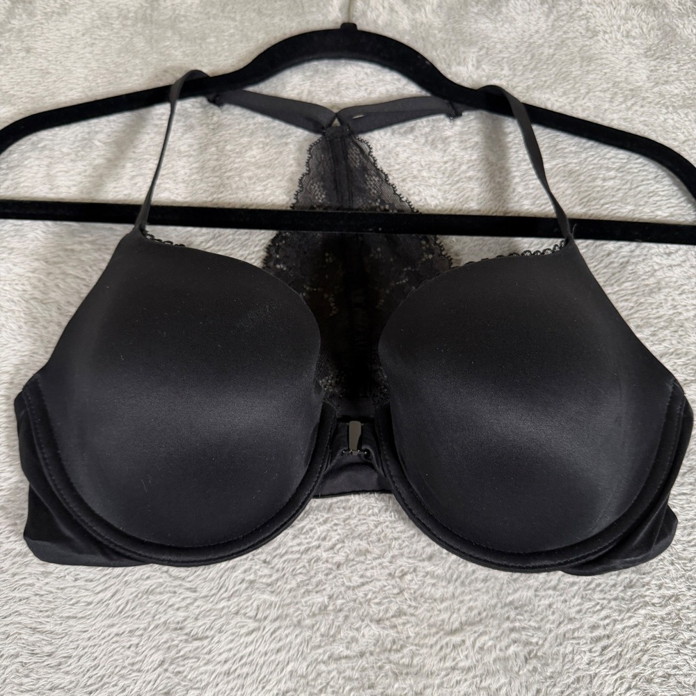 VICTORIAS SECRET 34D Black Lined Demi Double Push Up Bra Racerback Front Close - Picture 6 of 13